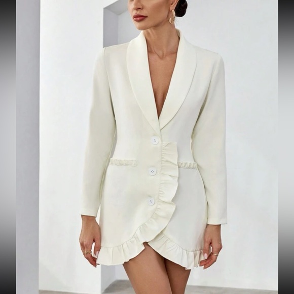 Dresses & Skirts - Off white v neck ruffle hem button front mini blazer dress